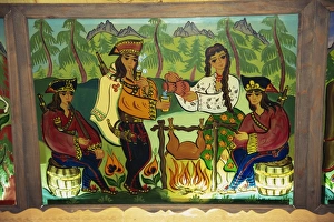 Glass panels of folk art at Redykokka Restaurant, Zakopane, Makopolska, Poland, Europe Glass panels of folk art at Redykokka Restaurant, Zakopane, Makopolska, Poland, Europe