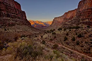 Grand Canyon viewed from Bright Angel Trail just south of Indian Gardens at sundown Grand Canyon viewed from Bright Angel Trail just south of Indian Gardens at sundown