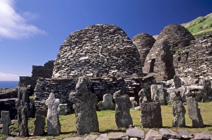 Skellig Michael Monastery Prints: Graveyard and stone huts