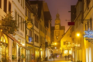 Hafengasse Street and the Markusturm at Christmas, Rothenburg ob der Tauber, Bavaria