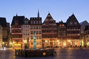 Half-timbered houses and Justitia Fountain at Roemerberg square, Frankfurt, Hesse Half-timbered houses and Justitia Fountain at Roemerberg square, Frankfurt, Hesse