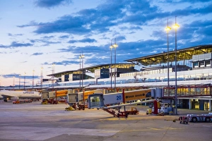 Hamburg Airport at dusk, Hamburg, Germany, Europe Hamburg Airport at dusk, Hamburg, Germany, Europe