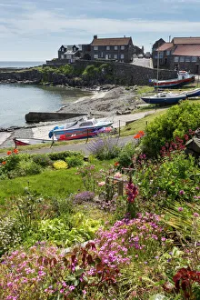 Harbour with boats and village centre, garden and flowers, blue sky on a sunny summer day Harbour with boats and village centre, garden and flowers, blue sky on a sunny summer day