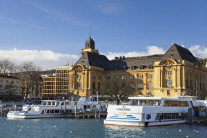 Urban Transportation Hub Prints: Harbour and post office, Neuchatel, Switzerland, Europe