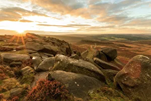 Higger Tor, Carl Wark Hill Fort and Hathersage Moor, sunrise in autumn, Peak District National Park Higger Tor, Carl Wark Hill Fort and Hathersage Moor, sunrise in autumn, Peak District National Park