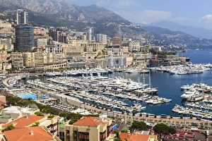 Traditional European Landmarks Prints: High angle view of Monaco and harbour, Monaco, Mediterranean, Europe