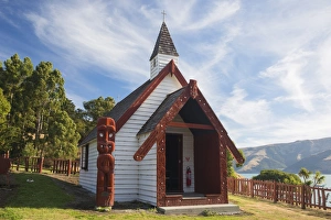 Historic Maori church on hillside above Akaroa Harbour, Onuku, near Akaroa Historic Maori church on hillside above Akaroa Harbour, Onuku, near Akaroa