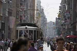 Historic tram, busy street, Istikla Caddesi, Istanbul, Turkey, Europe Historic tram, busy street, Istikla Caddesi, Istanbul, Turkey, Europe