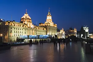 Chinese Prints: Historical Colonial Style Buildings Print, Shanghai's The Bund at Night