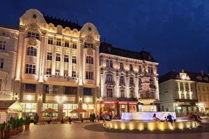 Prints of Hlavne Nam (Main Square) at dusk, Bratislava, Slovakia, Europe Slovakia Prints: Hlavne Nam at Dusk - Bratislava Print