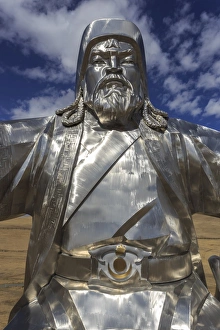 Huge silver stainless steel Chinggis Khaan (Genghis Khan) statue, Tsonjin Boldog Huge silver stainless steel Chinggis Khaan (Genghis Khan) statue, Tsonjin Boldog
