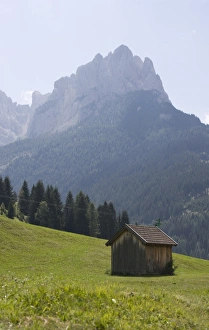 Dolomite Mountains View Prints: Hut with mountains beyond