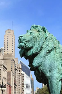 One of the two iconic bronze lion statues outside the Art Institute of Chicago, Chicago, Illinois One of the two iconic bronze lion statues outside the Art Institute of Chicago, Chicago, Illinois