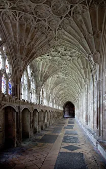 Interior of cloisters with fan vaulting, Gloucester Cathedral, Gloucester Interior of cloisters with fan vaulting, Gloucester Cathedral, Gloucester