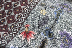Intricate batik wax resist floral pattern on traditional Javanese sarong, Pekalongan, Java, Indonesia, Southeast Asia Intricate batik wax resist floral pattern on traditional Javanese sarong, Pekalongan, Java, Indonesia, Southeast Asia