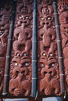 Intricate carving in the replica village at the Maori Intricate carving in the replica village at the Maori