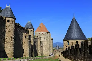 La Cite, battlements and spiky turrets from Les Lices, Carcassonne, UNESCO World Heritage Site La Cite, battlements and spiky turrets from Les Lices, Carcassonne, UNESCO World Heritage Site