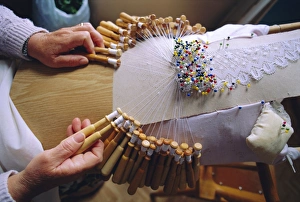 Images Dated 4th September 2008: Bobbin Lace Making Print, Camarinas Village Scene