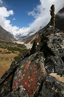 Lichen grows on an old Buddhist mani wall (prayer wall) constructed on the trail Lichen grows on an old Buddhist mani wall (prayer wall) constructed on the trail