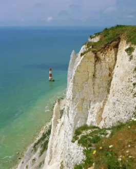 East Sussex Coastal Views Prints: Lighthouse and chalk cliffs at Beachy Head, near Eastbourne, East Sussex, England, UK