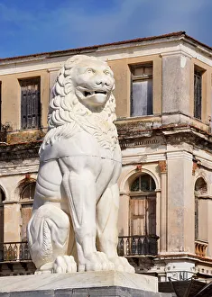 Greek Island Hopping Guide Prints: Lion Statue at Pythagora Main Square