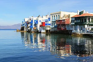 Little Venice reflections, Mykonos Town (Chora), Mykonos, Cyclades, Greek Islands, Greece Little Venice reflections, Mykonos Town (Chora), Mykonos, Cyclades, Greek Islands, Greece