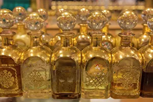 Local frankincense perfumes in ornate gold and glass bottles, Al-Husn Souq, Salalah Local frankincense perfumes in ornate gold and glass bottles, Al-Husn Souq, Salalah