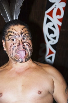 Local Maori man with traditional Moko face tattoo painting Local Maori man with traditional Moko face tattoo painting