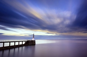 Long exposure image of Amble Lighthouse with streaky clouds and smooth sea, Amble Long exposure image of Amble Lighthouse with streaky clouds and smooth sea, Amble
