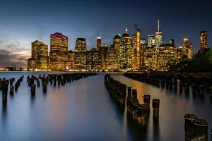 Long exposure of the lights of Lower Manhattan during the evening blue hour as seen Long exposure of the lights of Lower Manhattan during the evening blue hour as seen