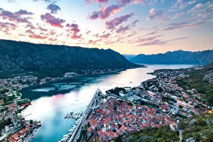 Looking over the Old Town of Kotor and across the Bay of Kotor viewed from the fortress at sunset Looking over the Old Town of Kotor and across the Bay of Kotor viewed from the fortress at sunset