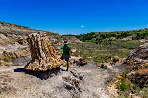 Man enjoying the view along The Petrified Forest Loop Trail inside Theodore Roosevelt Man enjoying the view along The Petrified Forest Loop Trail inside Theodore Roosevelt