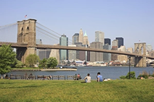Manhattan and the Brooklyn Bridge from Empire-Fulton Ferry State Park, New York Manhattan and the Brooklyn Bridge from Empire-Fulton Ferry State Park, New York