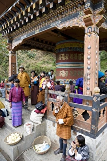Market around giant prayer wheel, Trongsa, Bhutan, Asia Market around giant prayer wheel, Trongsa, Bhutan, Asia