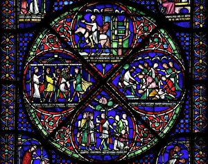 Medieval stained glass depicting the Cure of Eilward of Westoning, Becket Miracle Window 5, Trinity Chapel Ambulatory Medieval stained glass depicting the Cure of Eilward of Westoning, Becket Miracle Window 5, Trinity Chapel Ambulatory