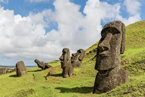 Moai sculptures in various stages of completion at Rano Raraku, the quarry site for all moai on Easter Island Moai sculptures in various stages of completion at Rano Raraku, the quarry site for all moai on Easter Island