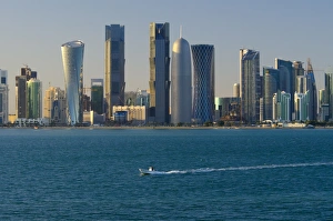Colorful Cityscape Images Prints: Modern skyline including Al Bidda Tower, Palm Towers, Burj Qatar and Tornado Tower