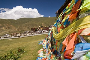 Sichuan China Tourism Prints: Monastery and prayer flags, Litang, Sichuan, China, Asia