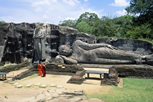 Gal Vihara Polonnaruwa Prints: Two monks in front of Buddha statue