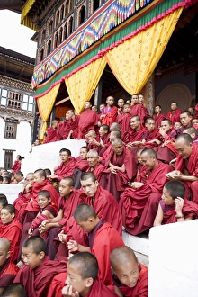 Monks watching religious dances, Buddhist festival (Tsechu), Trashi Chhoe Dzong Monks watching religious dances, Buddhist festival (Tsechu), Trashi Chhoe Dzong