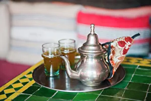 Prints of Moroccan mint tea pot at a cafe in Marrakech, Morocco, North Africa, Africa Morocco Prints: Moroccan Mint Tea Pot Print - Marrakech Cafe Scene