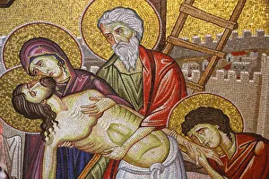 Detail of mosaic of the Burial of Jesus Christ showing Jesus taken down from the cross Detail of mosaic of the Burial of Jesus Christ showing Jesus taken down from the cross