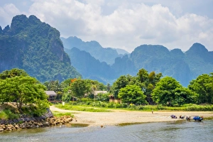 Nam Song River and Karst landscape in Vang Vieng, Vientiane Province, Laos, Indochina Nam Song River and Karst landscape in Vang Vieng, Vientiane Province, Laos, Indochina