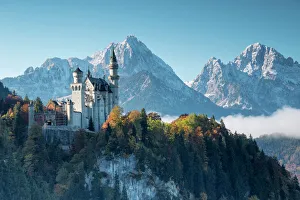 Neuschwanstein Castle surrounded by colorful woods and snowy peaks, Fussen, Bavaria Neuschwanstein Castle surrounded by colorful woods and snowy peaks, Fussen, Bavaria