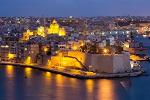 Prints of Night view of Senglea, one of the Three Cities, and the Grand Harbour in Valletta, European Capital of Culture 2018, Valletta, Malta, Mediterranean, Europe Map Prints: Night view of Senglea Print