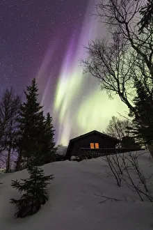Northern Lights (Aurora borealis) over wood hut, Grovfjord, Troms county, Lofoten Islands Northern Lights (Aurora borealis) over wood hut, Grovfjord, Troms county, Lofoten Islands