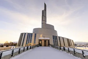 Northern Lights Cathedral, titanium clad, deep snow in winter, sunset, Alta Northern Lights Cathedral, titanium clad, deep snow in winter, sunset, Alta