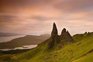 Old Man of Storr at dawn with Cuillin Hills in distance, near Portree, Isle of Skye Old Man of Storr at dawn with Cuillin Hills in distance, near Portree, Isle of Skye