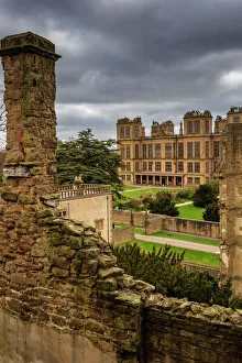 Prints of Old and new halls, Hardwick Hall, near Chesterfield, Derbyshire, England, United Kingdom, Europe Derbyshire Prints: Hardwick Hall Print: Old and New Halls