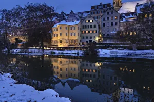 Old Town with Holderlinturm tower reflecting in Neckar River, Tubingen, Swabian Alps Old Town with Holderlinturm tower reflecting in Neckar River, Tubingen, Swabian Alps